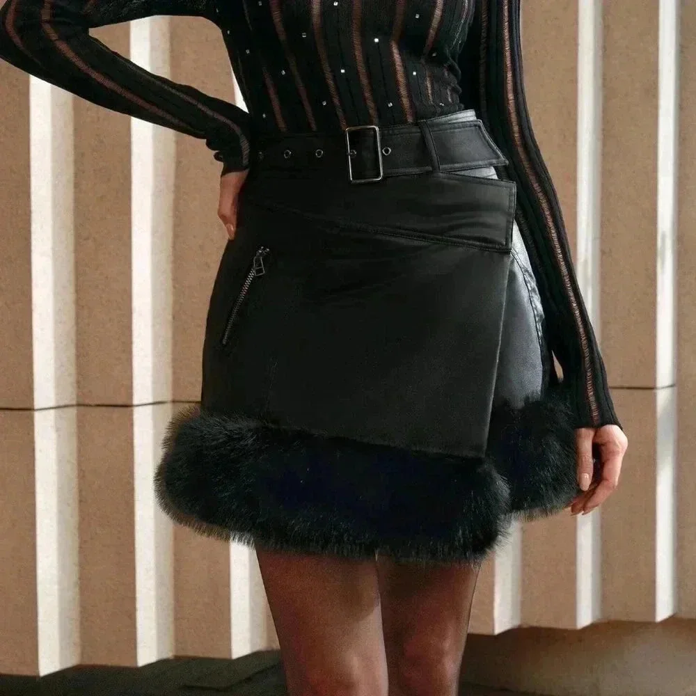 Black Casual Women's Cinched Waist Thickened Faux Fur Leather Mini Skirt